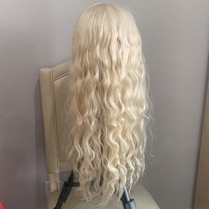 Synthetic lace front wig, pale platinum beige blonde